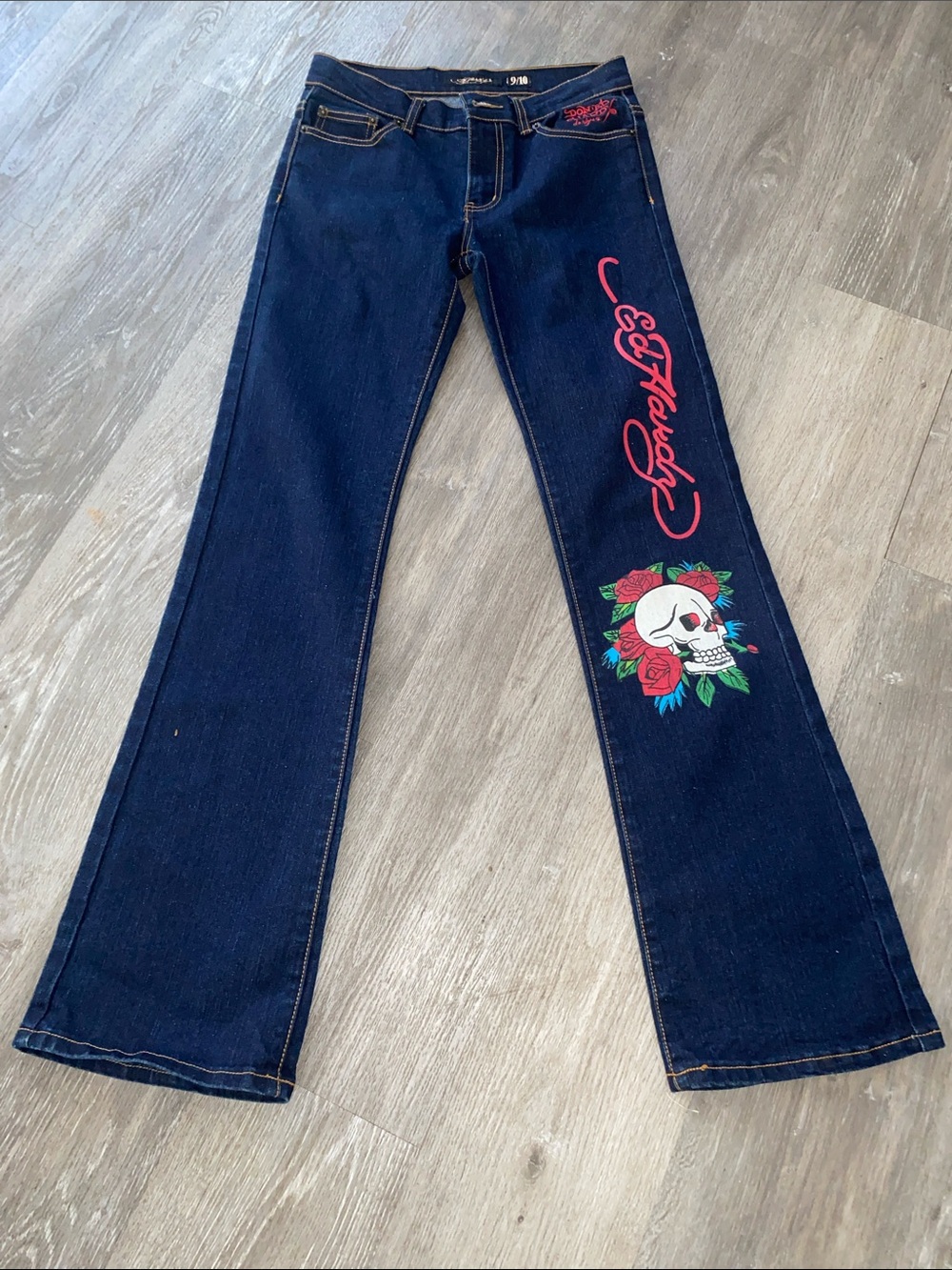 Ed Hardy Dark Blue Flare Jeans with Pink Script & Multicolor Skull